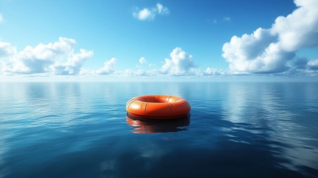Lifebuoy Floating on Calm Ocean Waters Under a Bright Blue Sky with Fluffy Clouds