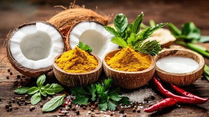 A kitchen scene with fresh herbs, coconut milk, and curry paste on a wooden counter.