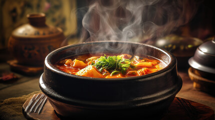 Steaming bowl of Korean kimchi stew served in traditional earthen pot, garnished with fresh green onions, creates warm and inviting atmosphere. vibrant red broth is rich and flavorful