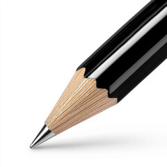 Fototapeta premium Close up of sharpened pencil tip with black body and visible light brown wood grain, isolated on white background. pencil sharp point and smooth finish evoke precision and simplicity