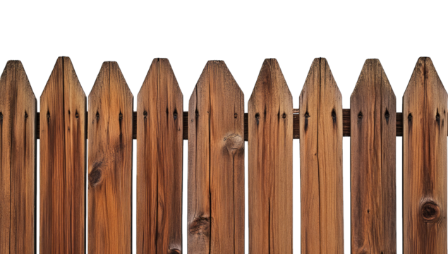 a close-up view of a wooden picket fence with a natural finish showcasing its pointed tops and textured grain often used for boundary marking and decorative purposes in gardens or yards