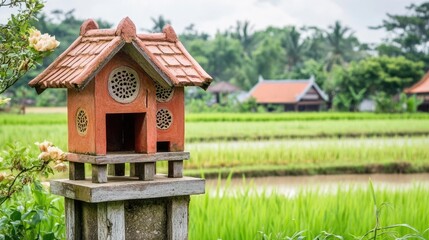 Fototapeta premium A spirit house in a rural setting with rice fields in the background.
