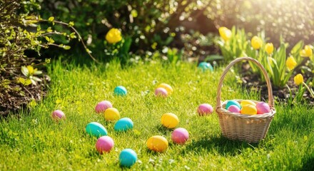 Colorful Easter eggs and basket on green grass in sunny garden