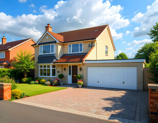 New estate home in England with a garage and a pathway.