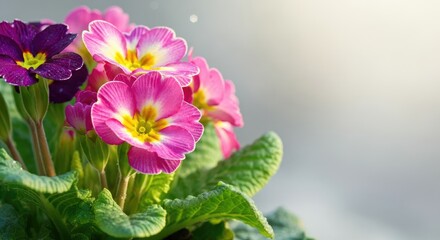 Colorful primroses in bloom with green leaves, side-lit by sunlight