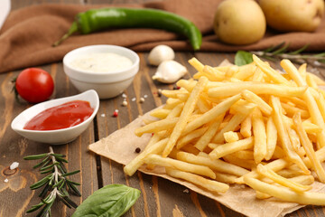 Parchment with tasty french fries on wooden background