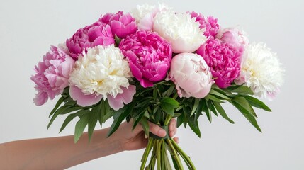 Womans hand offering a beautifully crafted peony bouquet, wrapped in soft paper, tied with ribbon, warm tones, perfect delivery theme