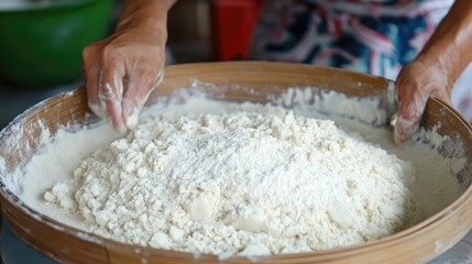 Glutinous rice flour and butterfly pea water being kneaded into a soft dough.