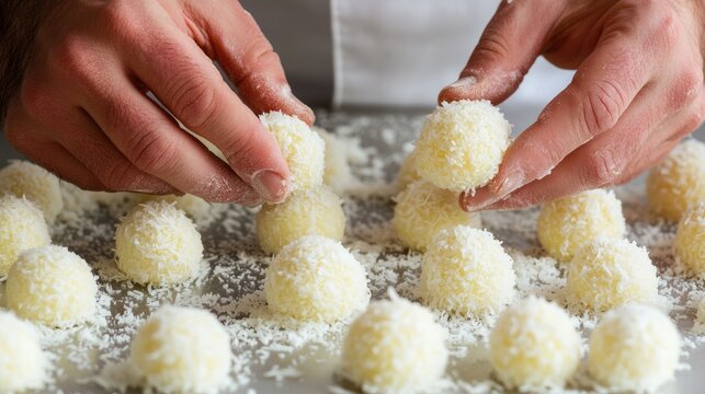 Hands shaping sweet coconut filling into perfectly round balls.