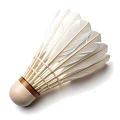 Badminton Shuttlecock with Feathers and Wooden Base Isolated on White Background