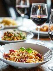 Delicious Sun Dried Tomato Pasta Dish with Basil Gourmet Italian Food Restaurant Dinner Fine Dining Mediterranean Cuisine Culinary Photography Pasta Dish Red Wine Glasses Elegant Table Setting        
