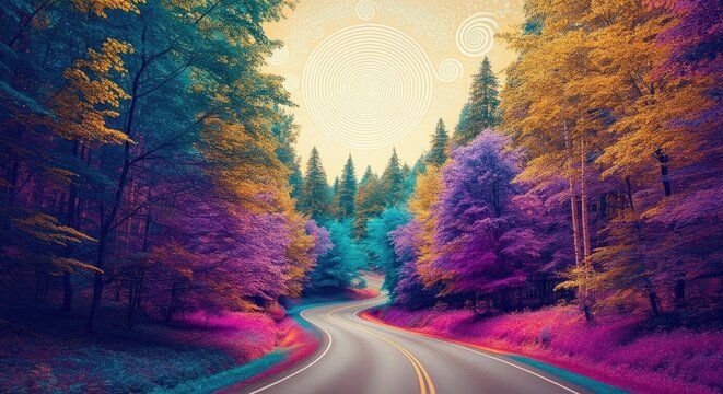 Surreal colorful forest with vivid trees and winding road