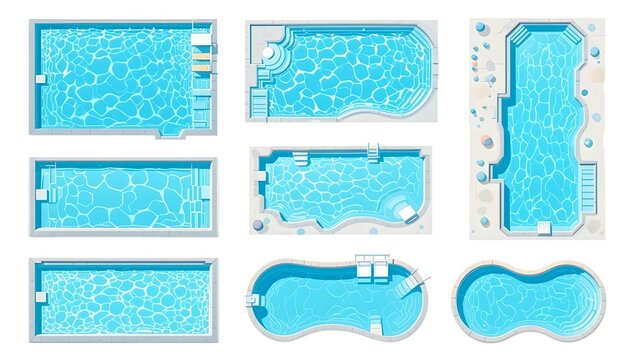 Vector swimming pool set with various shapes, clear water, sunny reflections, and fun summer elements.