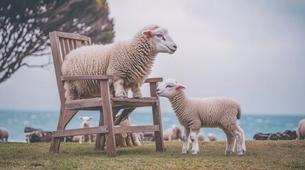 Sheep on a chair, coastal scene