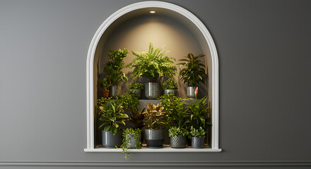 Fototapeta premium Arched Alcove Housing a Collection of Various Houseplants Indoor Display