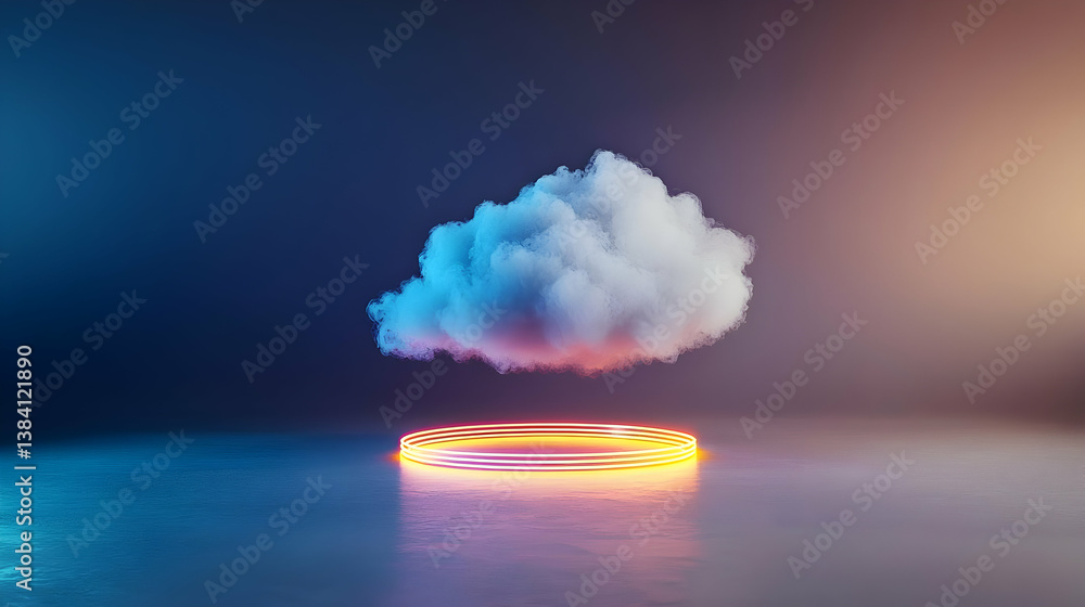 Poster floating cloud on neon platform in gradient background