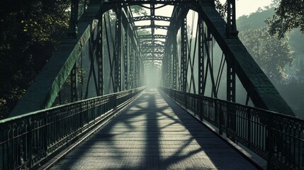 Metal bridge spans a misty area with trees in the background.