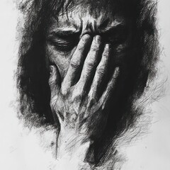 A portrait of profound sadness.  Detailed depiction of a man's face and hand, filled with anguish