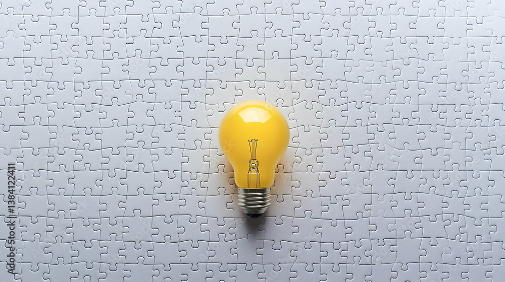Poster illuminated lightbulb on white puzzle pattern background
