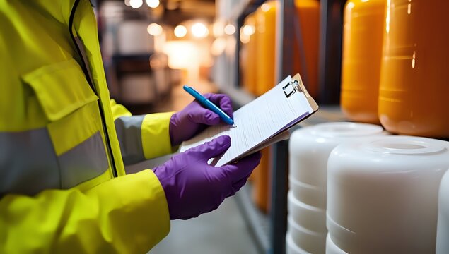 Worker in Yellow Jacket and Purple Gloves Completing Inventory Checklist in Warehouse