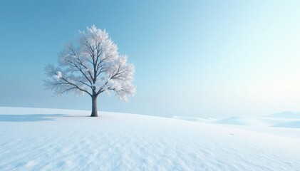 Fototapeta premium Single tree on a vast expanse of white snow and ice, frosty, snow