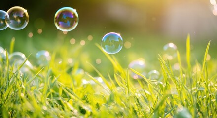 Sunlit bubbles floating over grassy field, bright and cheerful