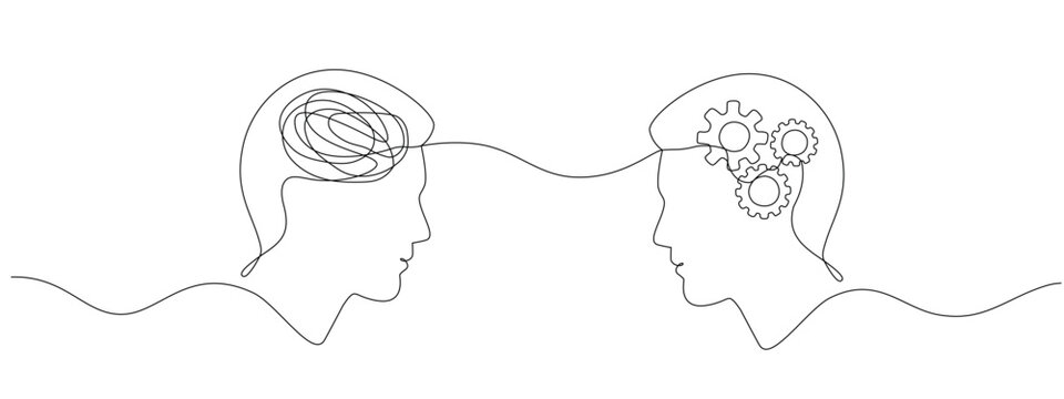 Two heads one with a confused mind the other with gears , drawn in one continuous line.  Concept of brain process, intelligence and progress of technology.  Vector editable line illustration.