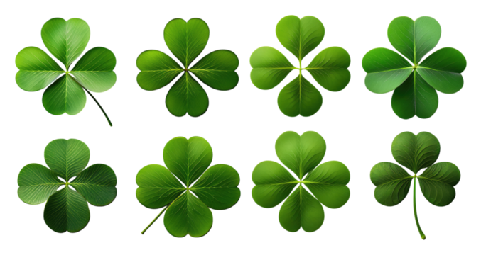 A Collection of Various Green Clover Leaves on a White Background, PNG bundle collection, Isolated on Transparent Background