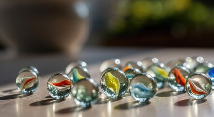 Colorful glass marbles scattered on table, close-up shot
