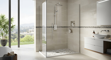 Modern Bathroom Design with Walk-In Shower and Pebble Tile Flooring