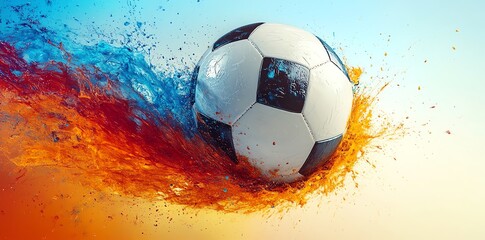 Soccer ball soaring through vibrant splashes of blue and orange colors