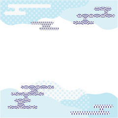 和風ポップな波模様と和雲の囲み背景 水色