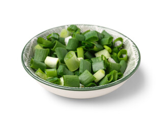 Bowl with fresh cut green onion on white background