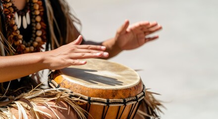 Person playing hand drum, cultural attire, outdoor setting
