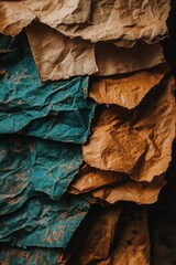 Stacked, crumpled, textured papers in various earthy tones and muted blues