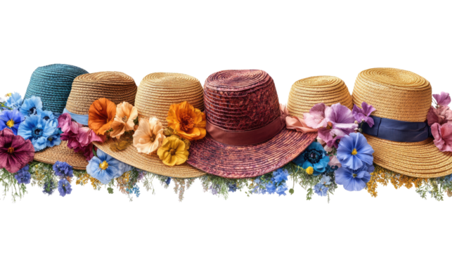 Straw hats on a white background with spa and wellness items like towels, soap, candles, and flowers for a relaxing, natural atmosphere
