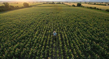 Farmer in vast cornfield sunset.