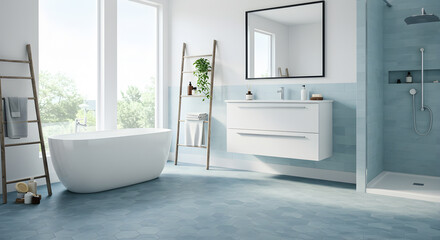Contemporary Bathroom Interior With Hexagonal Tiles And Minimalist Decor