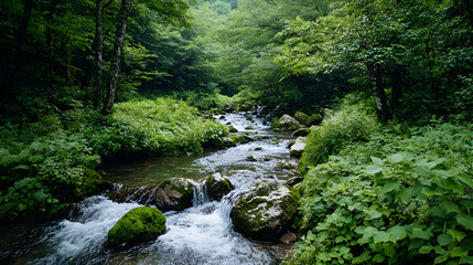 Obraz premium Forest Stream With Rocks And Lush Green Vegetation