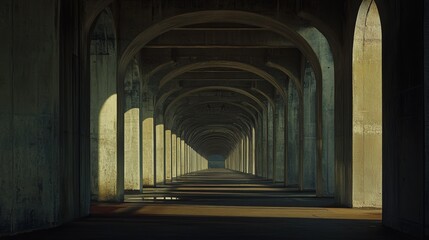 Fototapeta premium Long row of arches creates a tunnel effect with light and shadow.