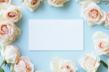Blank card mock up on the blue background decorated with roses