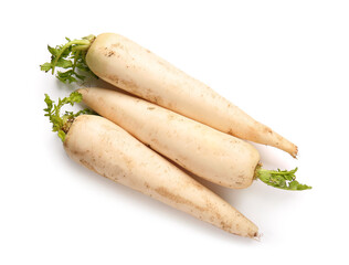 Fresh daikon radishes on white background