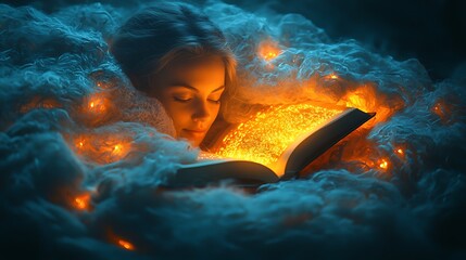 Literary Dreamscape: A serene portrait of a woman immersed in a book, surrounded by glowing celestial ambiance, evoking the enchanting experience of reading in a dreamy setting.