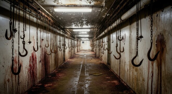 Abandoned industrial hallway with hanging meat hooks and bloodstains on floor