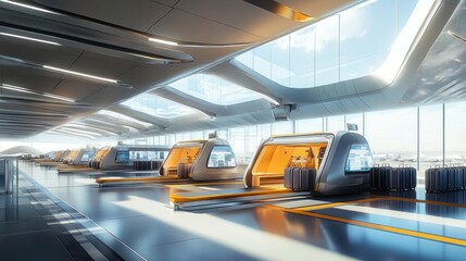 Obraz premium Futuristic airport baggage claim with automated kiosks. Modern, spacious, and bright interior with large windows overlooking the tarmac.