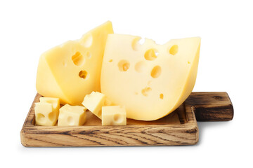 Pieces of Swiss cheese and wooden board on white background