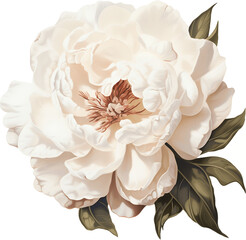 Large white peony bloom with brown stamens botanical illustration, romantic floral design element for wedding luxury branding