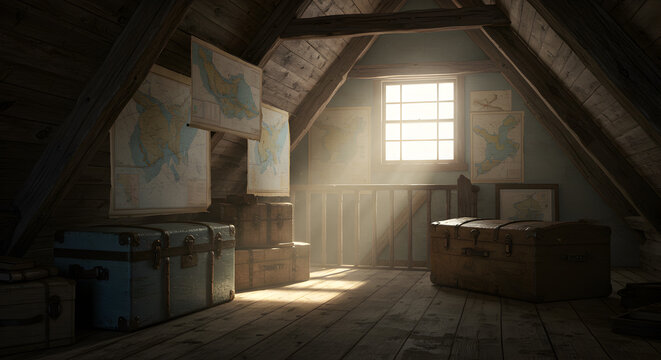 Vintage Attic With Antique Trunks And Maritime Maps In Sunlight