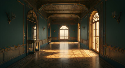 Fototapeta premium Elegant Art Deco Hallway With Gold Trim And Geometric Parquet Flooring