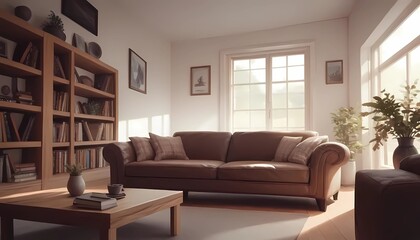 Living room interior with brown leather couch set, bookshelf and white wall. Center view.
